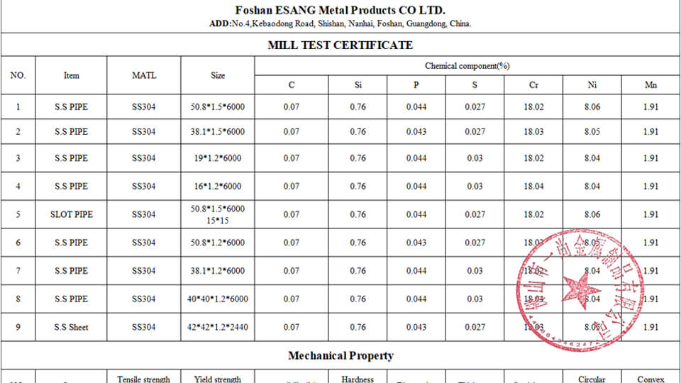 Material test certificate of 304 stainless steel round tube